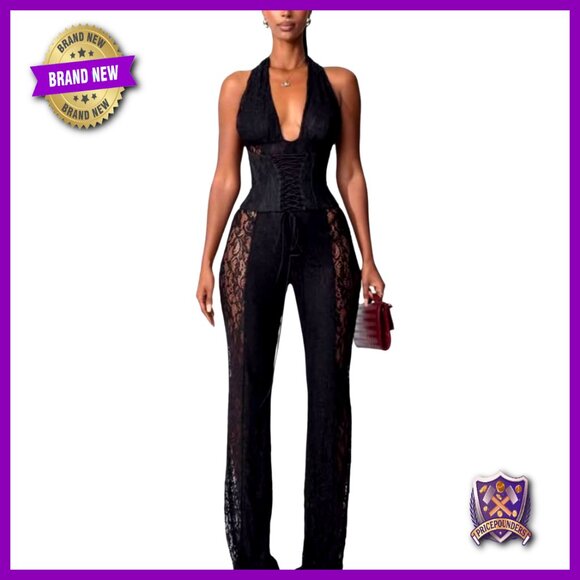 Lace Jumpsuit Deep V Neck Halter Flare Pant Party Club Outfit